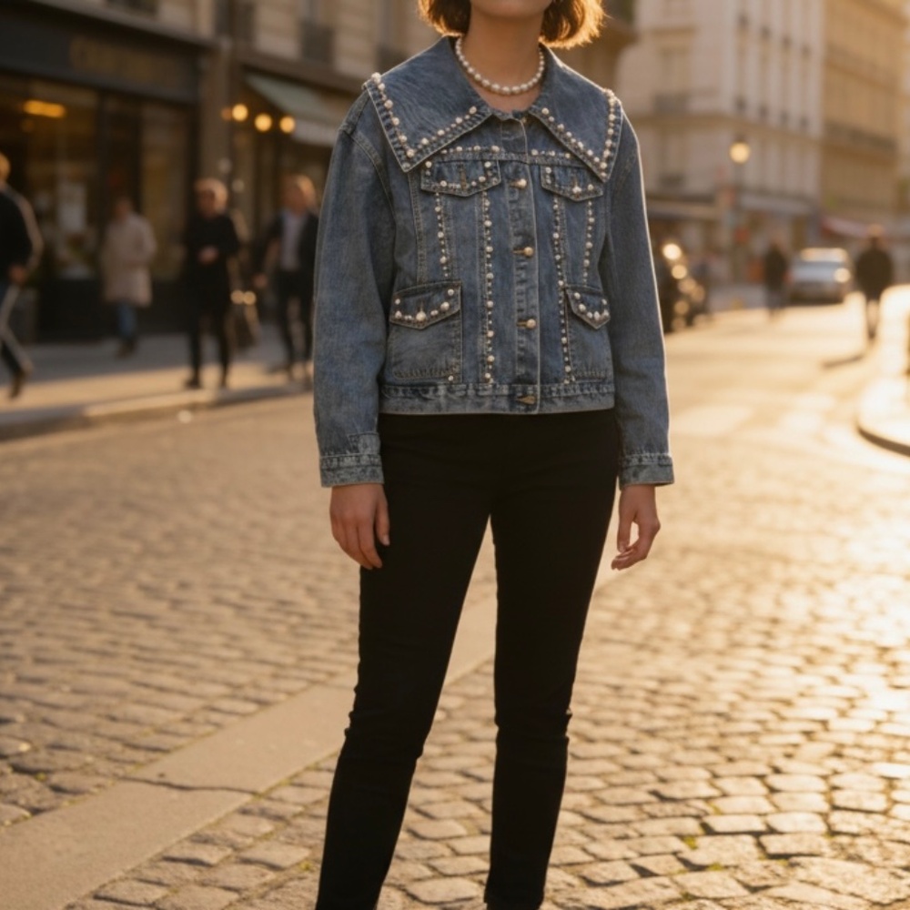 #A002 Pearl Embellished Denim Jacket – Size L – New without Tag - Picture 4 of 15